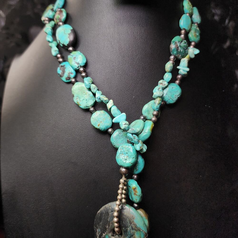 Hubei Turquoise Nugget Lariat Wrap Necklace Sterling Silver Desert Pearls - Picture 3 of 9